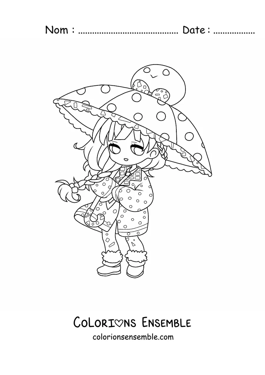 Image à colorier d'une fille kawaii chibi avec une ombrelle