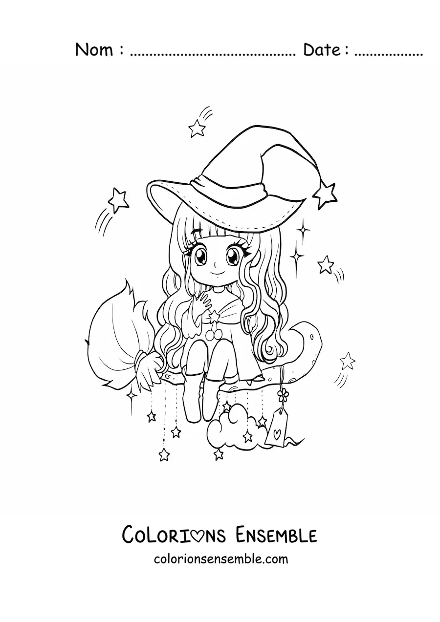 Image à colorier d'une sorcière kawaii chibi qui vole sur son balai