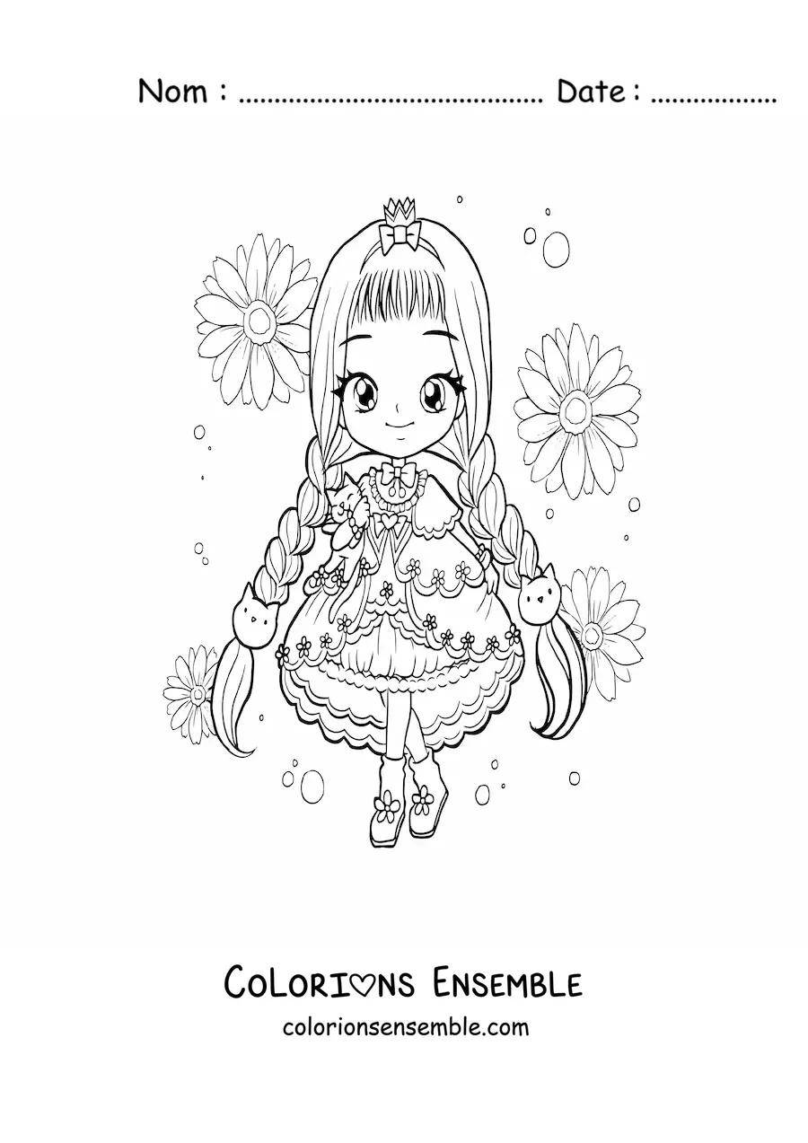 Image à colorier d'une fille kawaii chibi avec une coiffure tressée