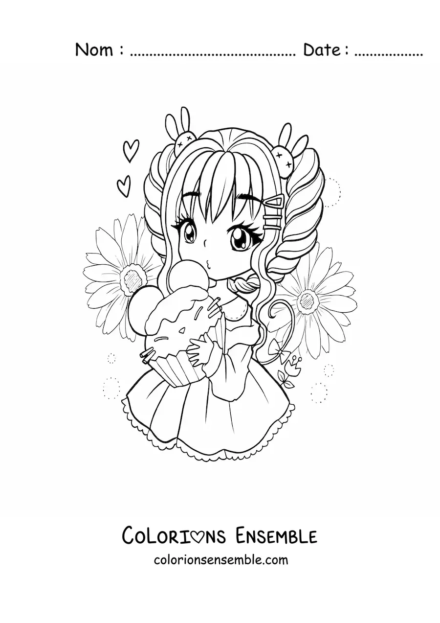 Image à colorier d'une fille kawaii chibi avec un cupcake