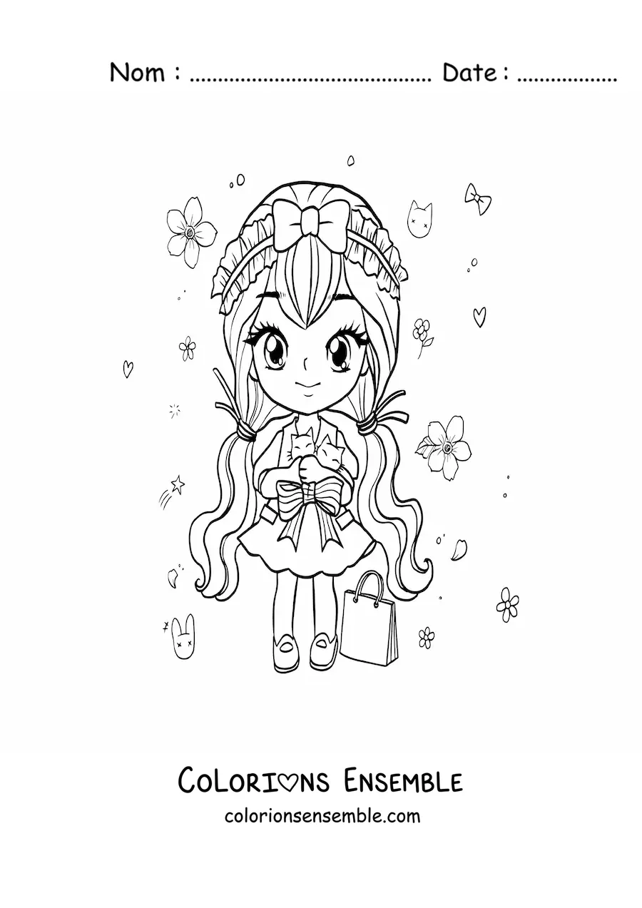 Image à colorier d'une fille anime chibi qui fait du shopping