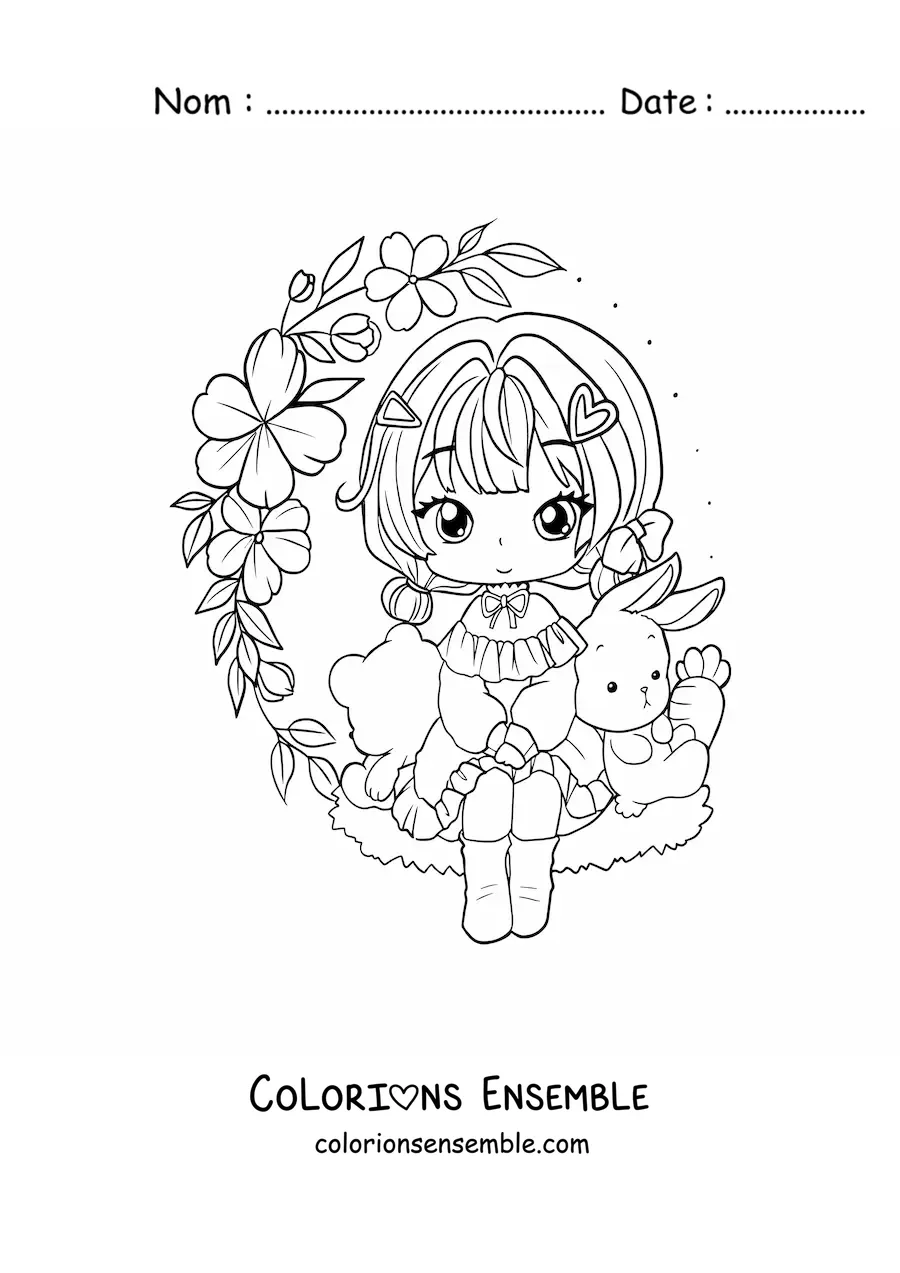 Image à colorier d'une fille anime chibi assise avec des fleurs et un lapin