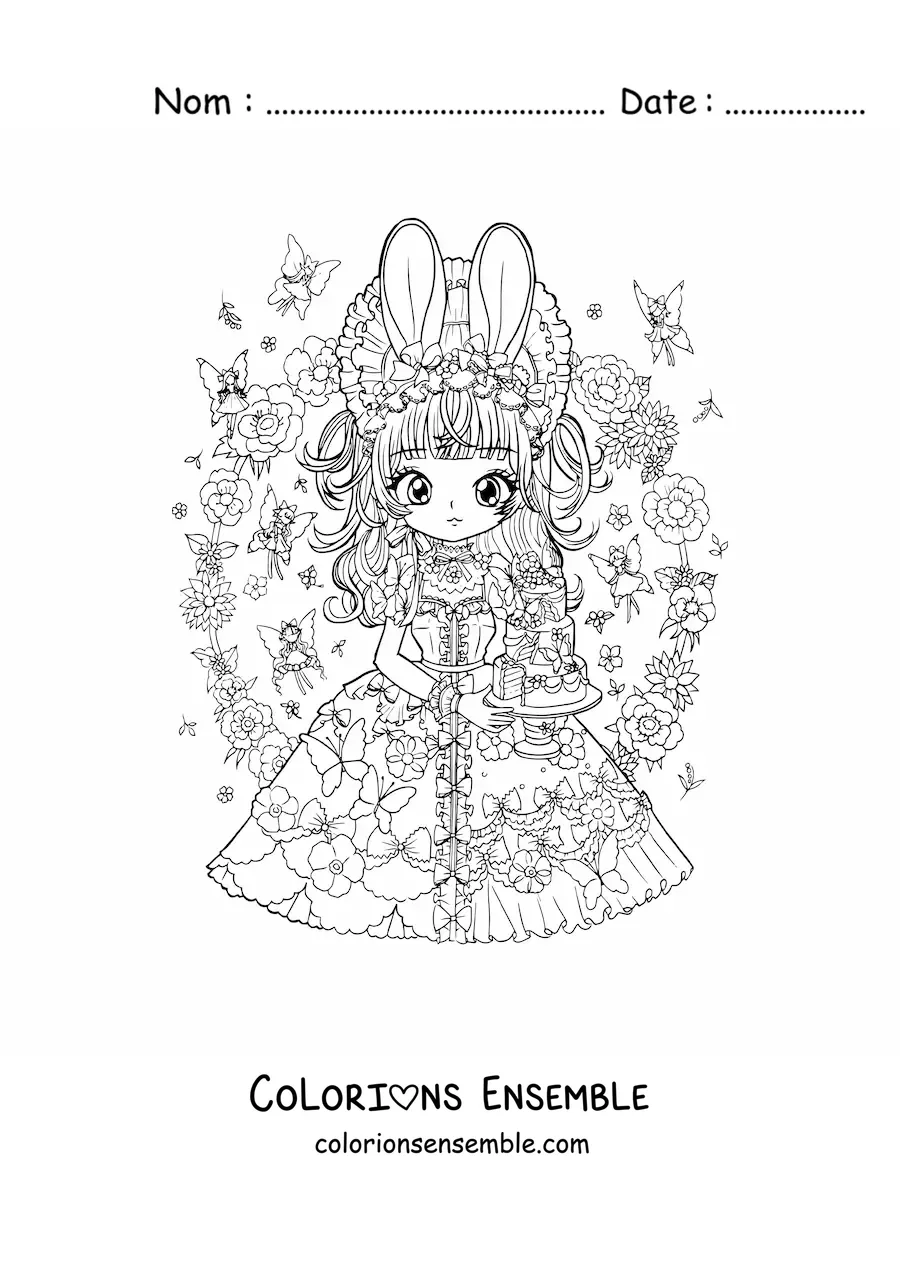 Image à colorier d'une fille anime chibi avec des oreilles de lapin et un gâteau