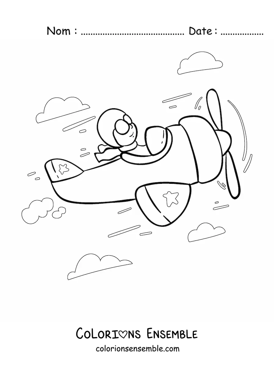 Image à colorier d'un pilote d'avion en vol avec des nuages au fond