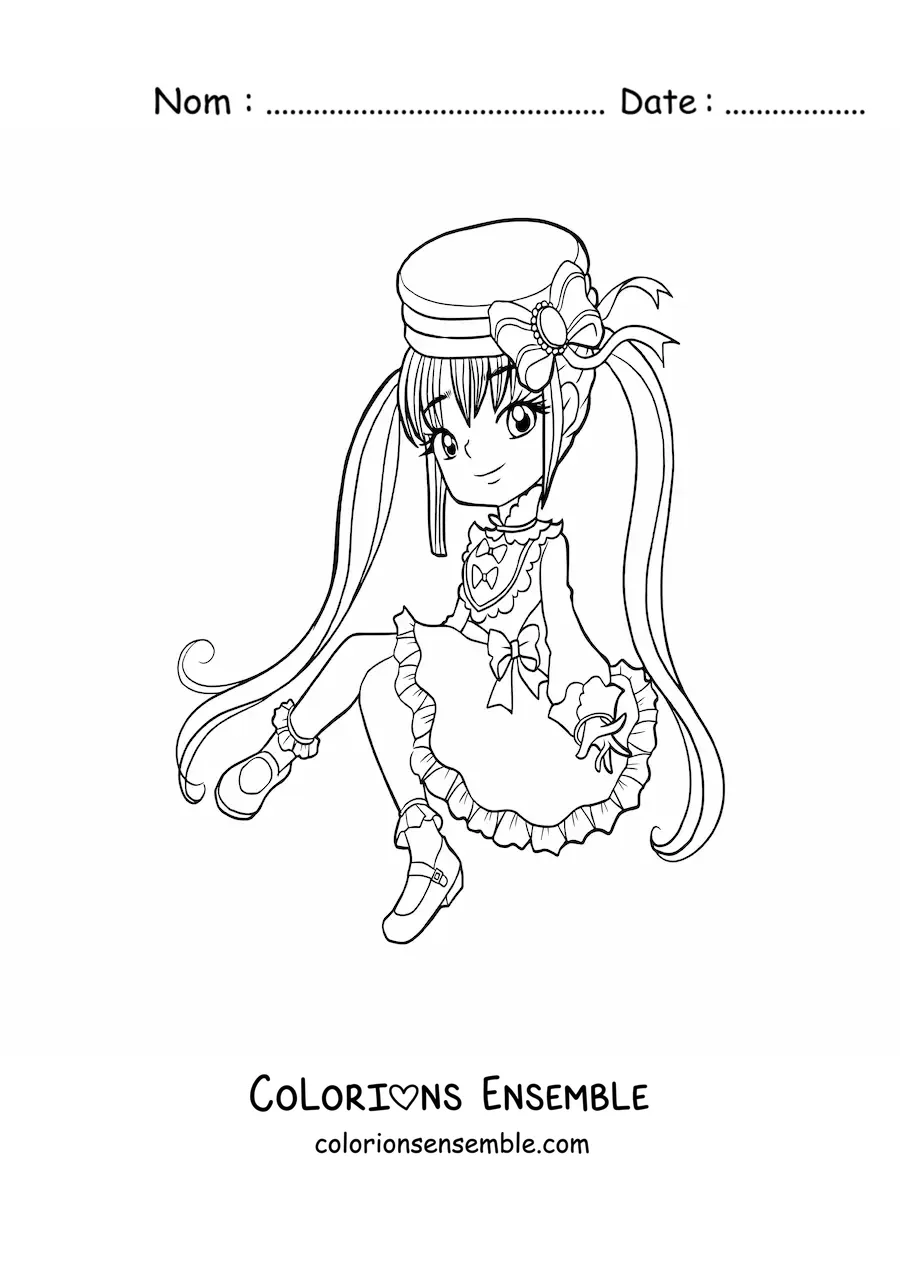 Image à colorier d'une fille anime chibi avec un chapeau et une robe