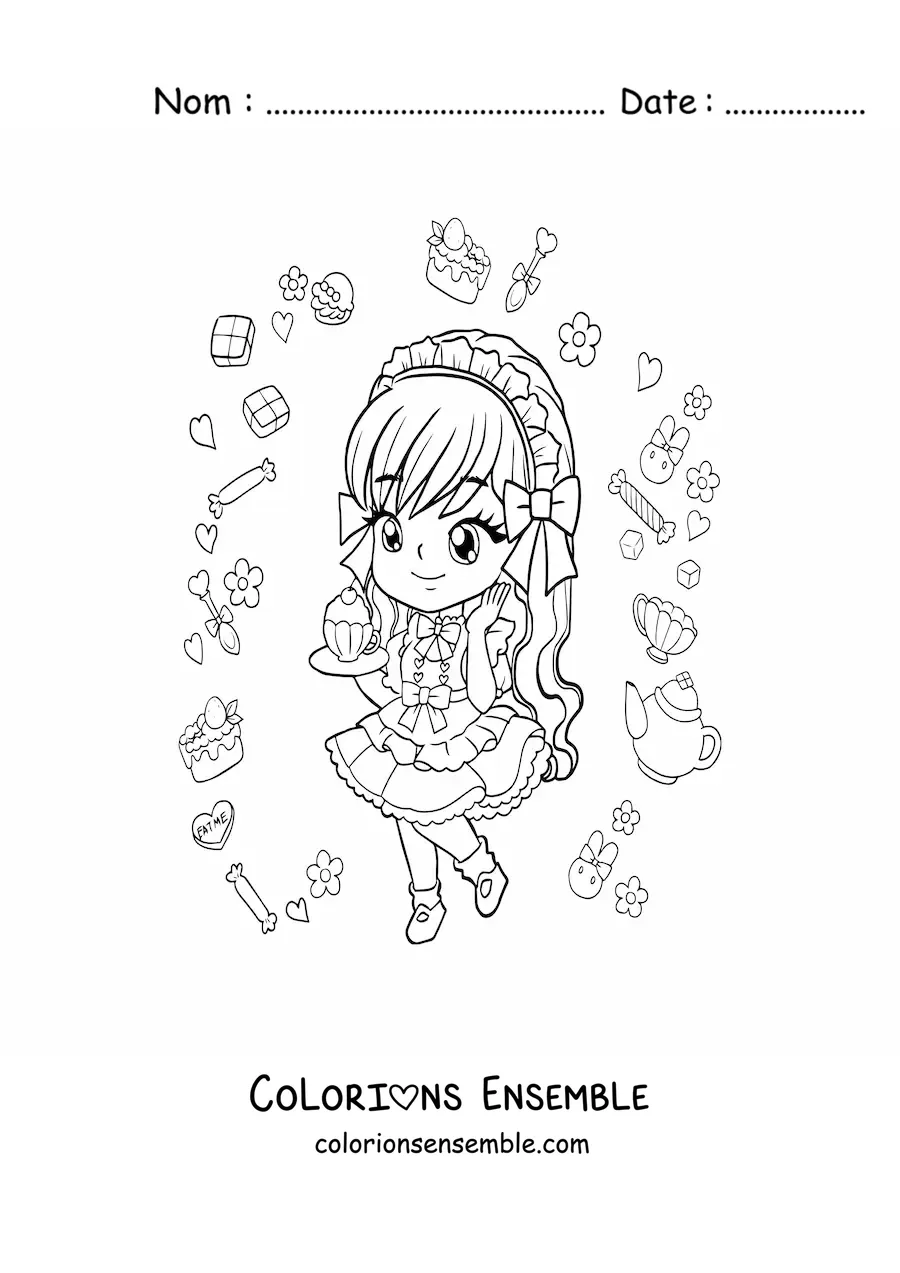 Image à colorier d'une fille anime chibi avec un cupcake