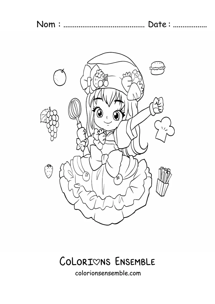 Image à colorier d'une fille anime chibi cuisinière