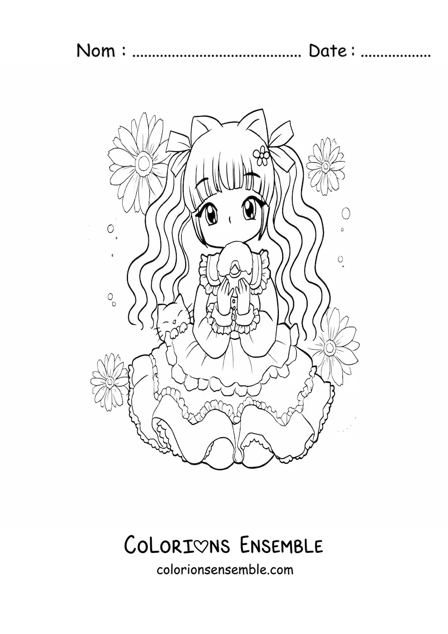 Image à colorier d'une fille anime chibi avec un chaton et un cupcake