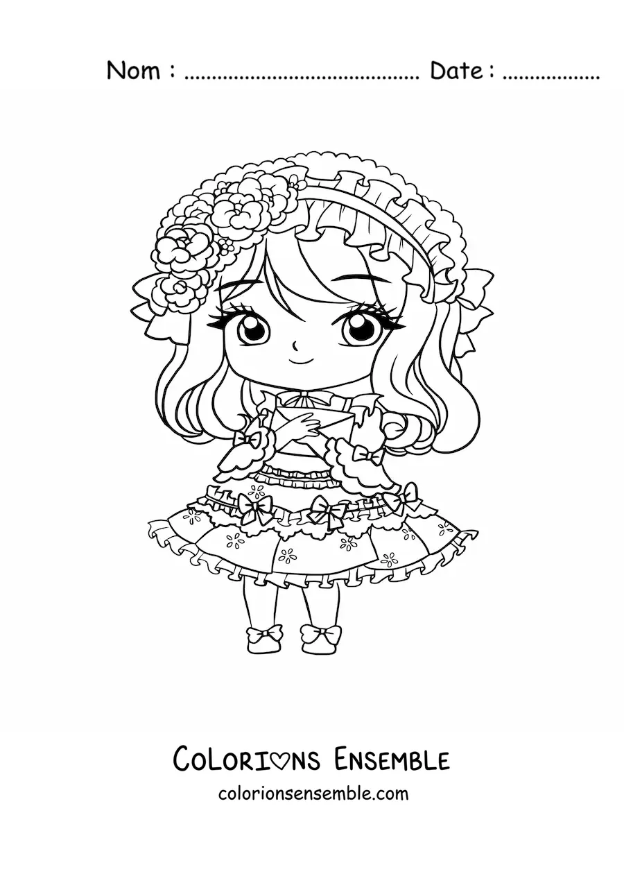 Image à colorier d'une fille anime chibi avec une robe et une lettre