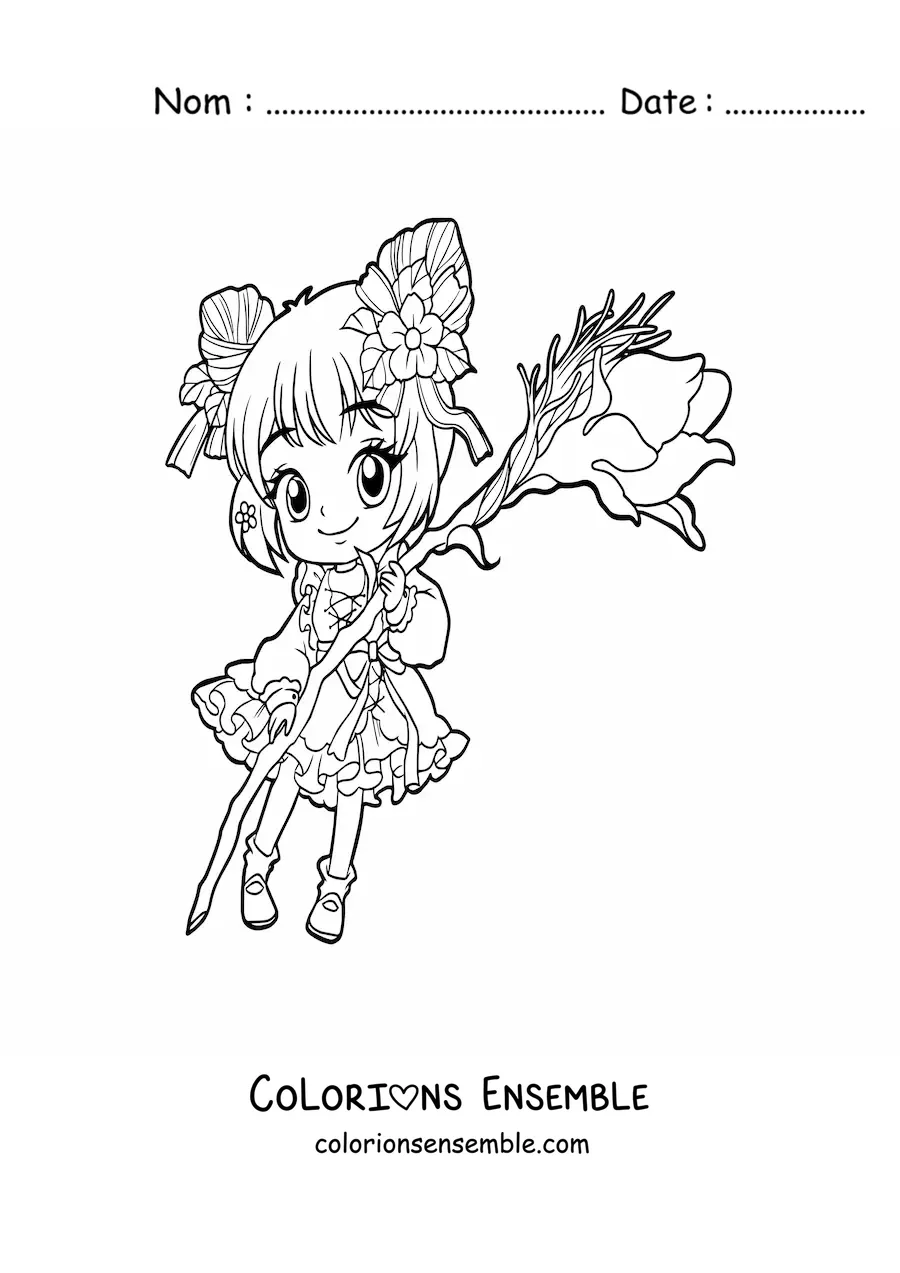 Image à colorier d'une petite fille anime chibi avec une rose