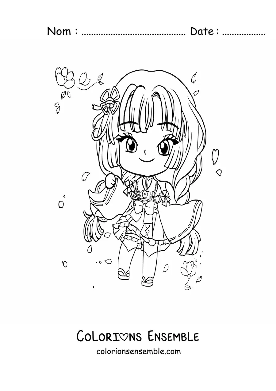 Image à colorier d'une fille anime chibi avec une robe japonaise