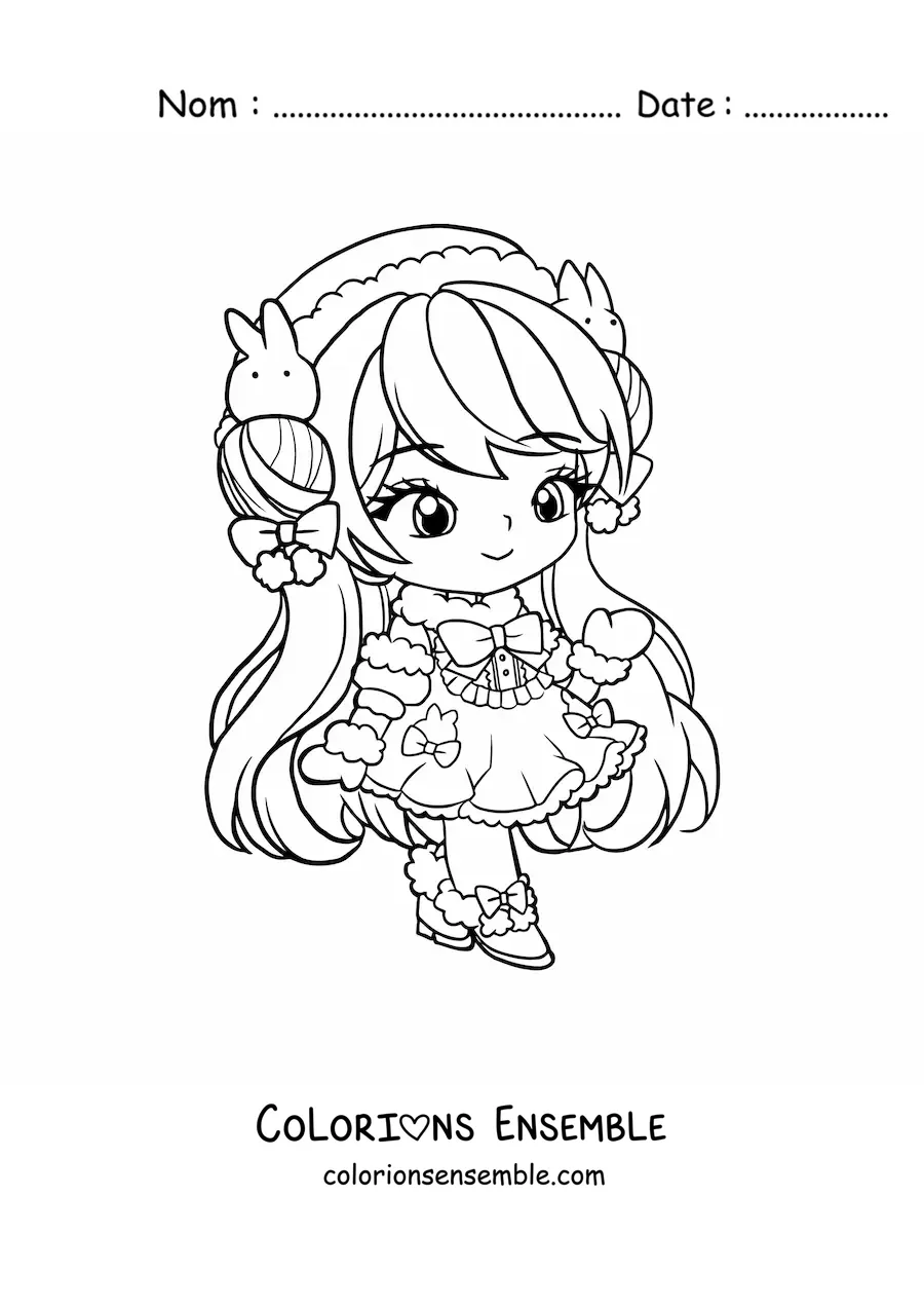 Image à colorier d'une fille anime chibi avec une jolie robe