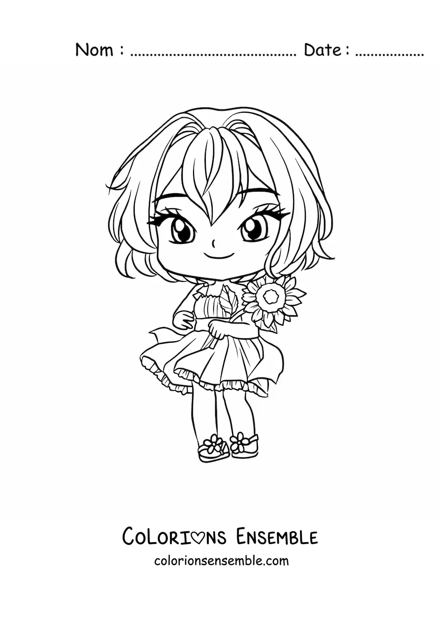 Image à colorier d'une fille anime chibi avec une jolie robe et une fleur à la main