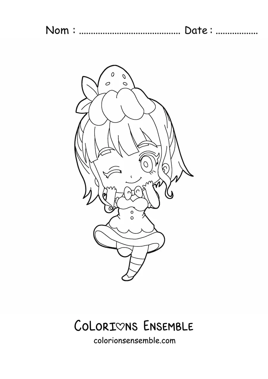 Image à colorier d'une fille chibi avec une robe en forme de dessert à la fraise