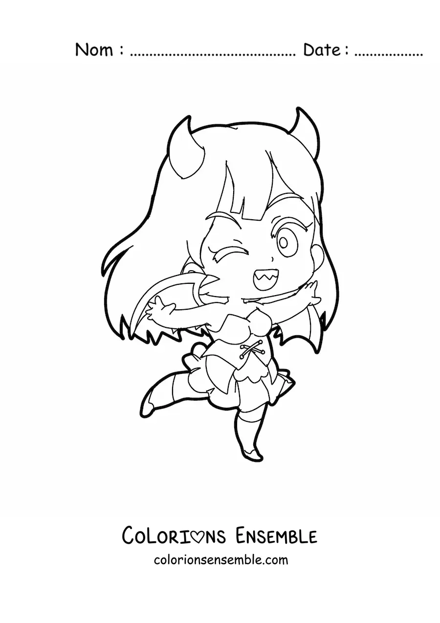 Image à colorier d'une fille chibi en costume de démon d'Halloween