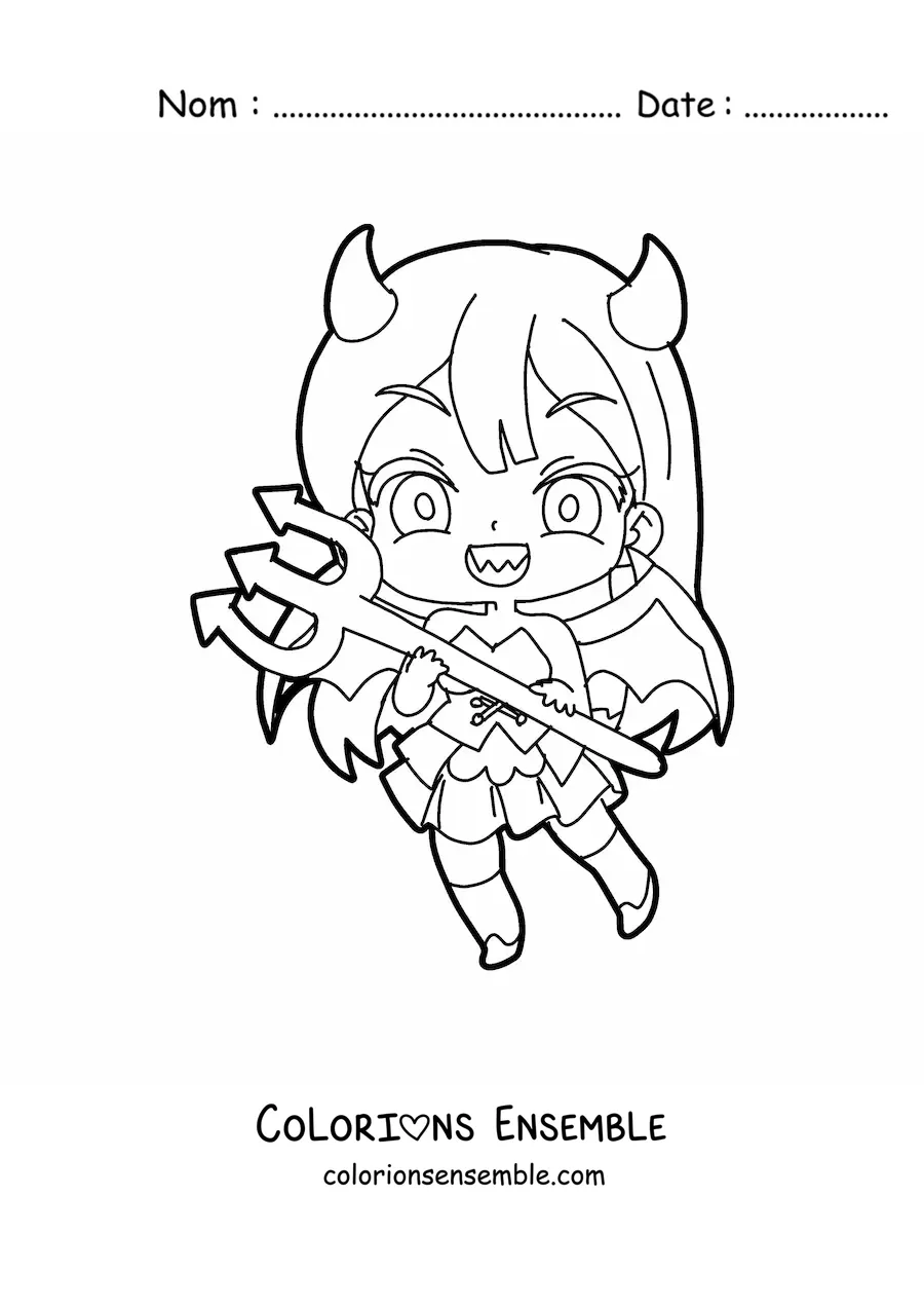 Image à colorier d'une fille chibi en costume de diable avec un trident