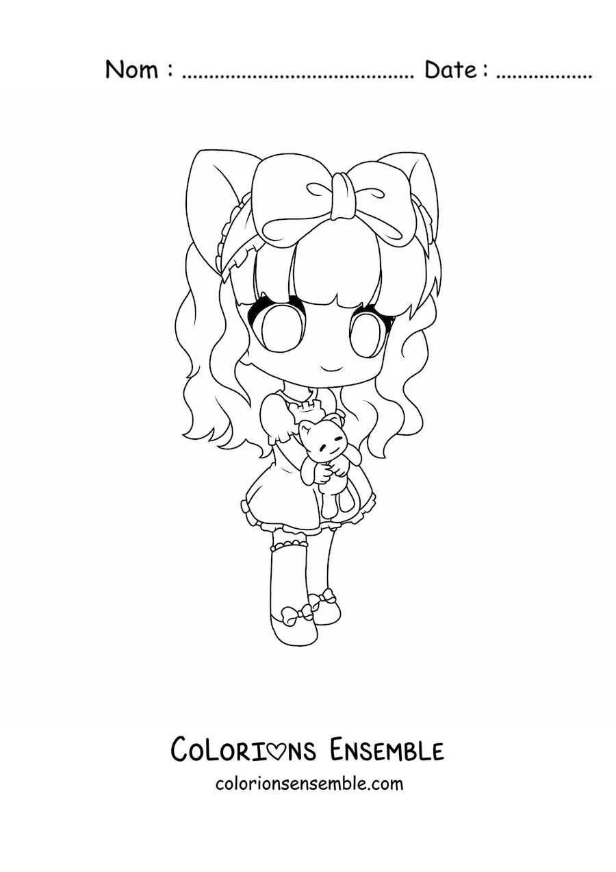 Image à colorier d'une fille chibi avec des oreilles de neko et un ourson en peluche