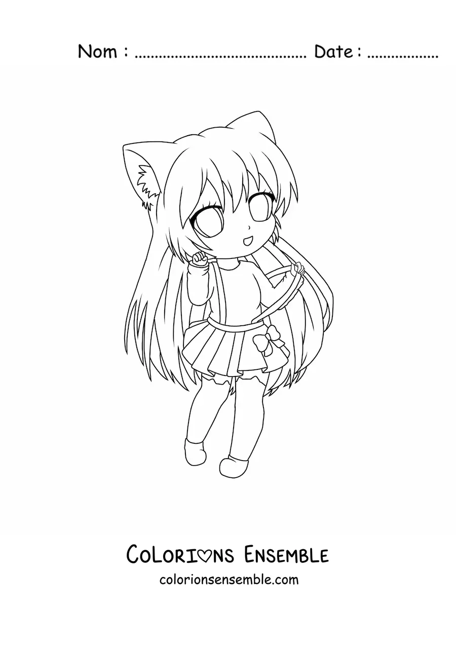 Image à colorier d'une fille chibi avec des oreilles de neko et une jupe