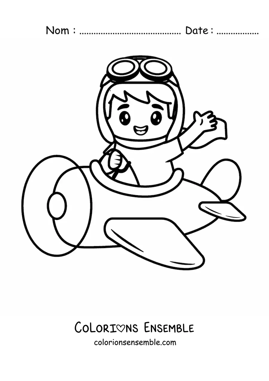 Image à colorier d'un pilote d'avion kawaii en vol