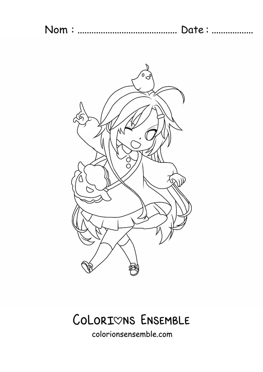 Coloriage d'une fille chibi avec une jolie robe et un poussin