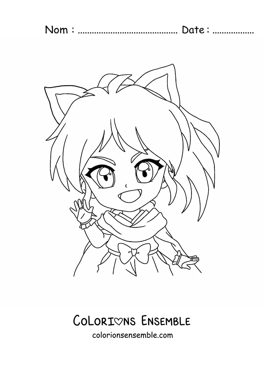 Coloriage d'une fille chibi avec des oreilles de chat et de grands yeux