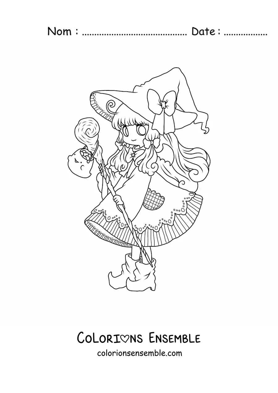 Coloriage d'une fille chibi déguisée en sorcière pour Halloween