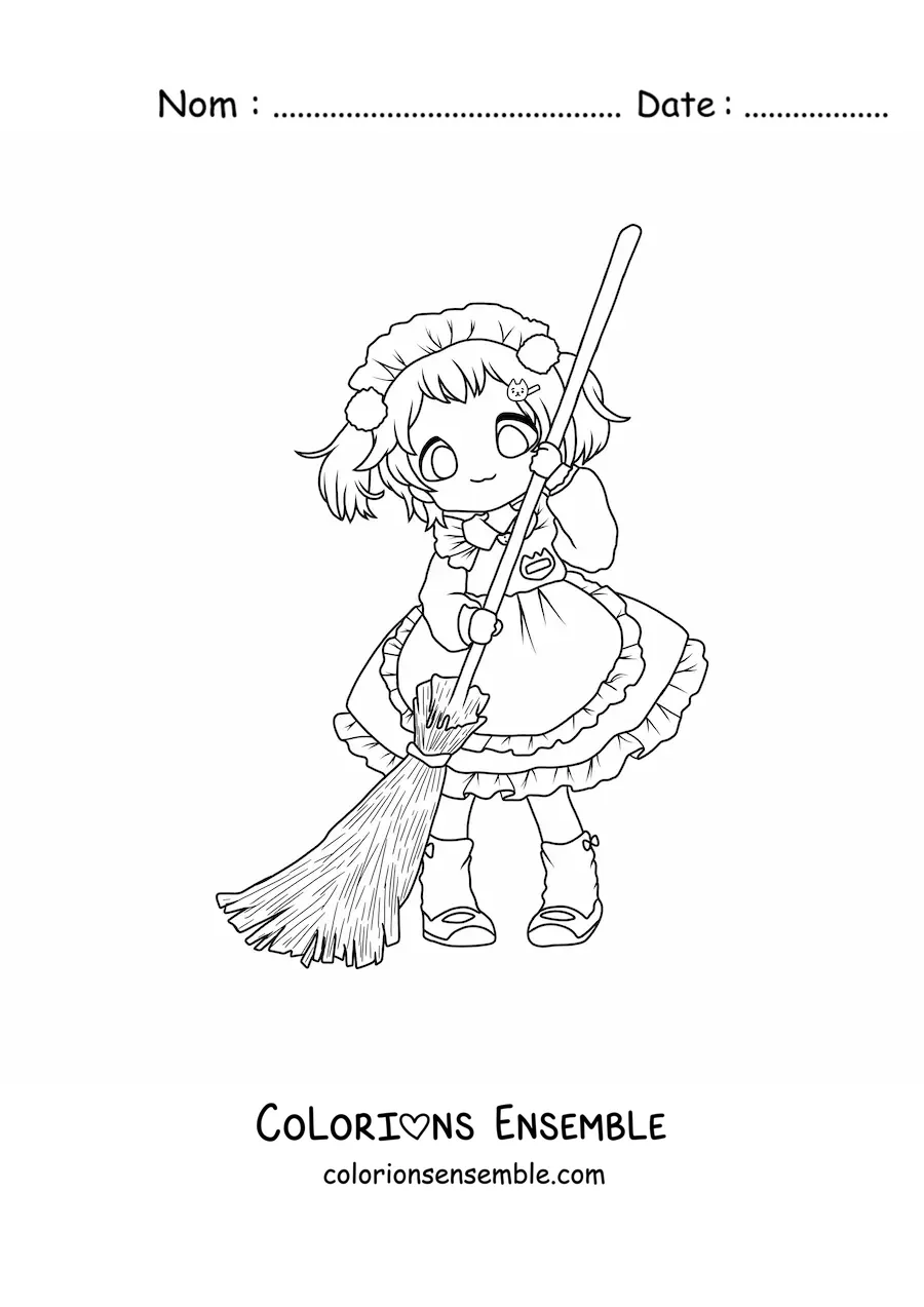Coloriage d'une fille chibi en train de balayer