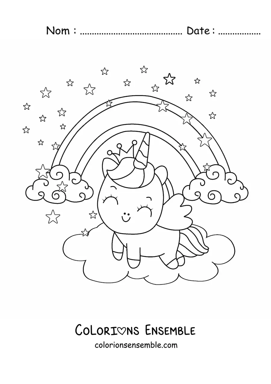 Coloriage d'une licorne kawaii avec un arc-en-ciel