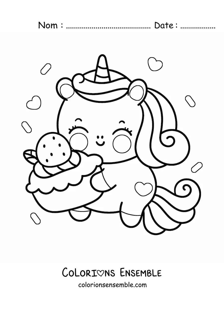 Coloriage d'une licorne kawaii avec un gâteau à la fraise