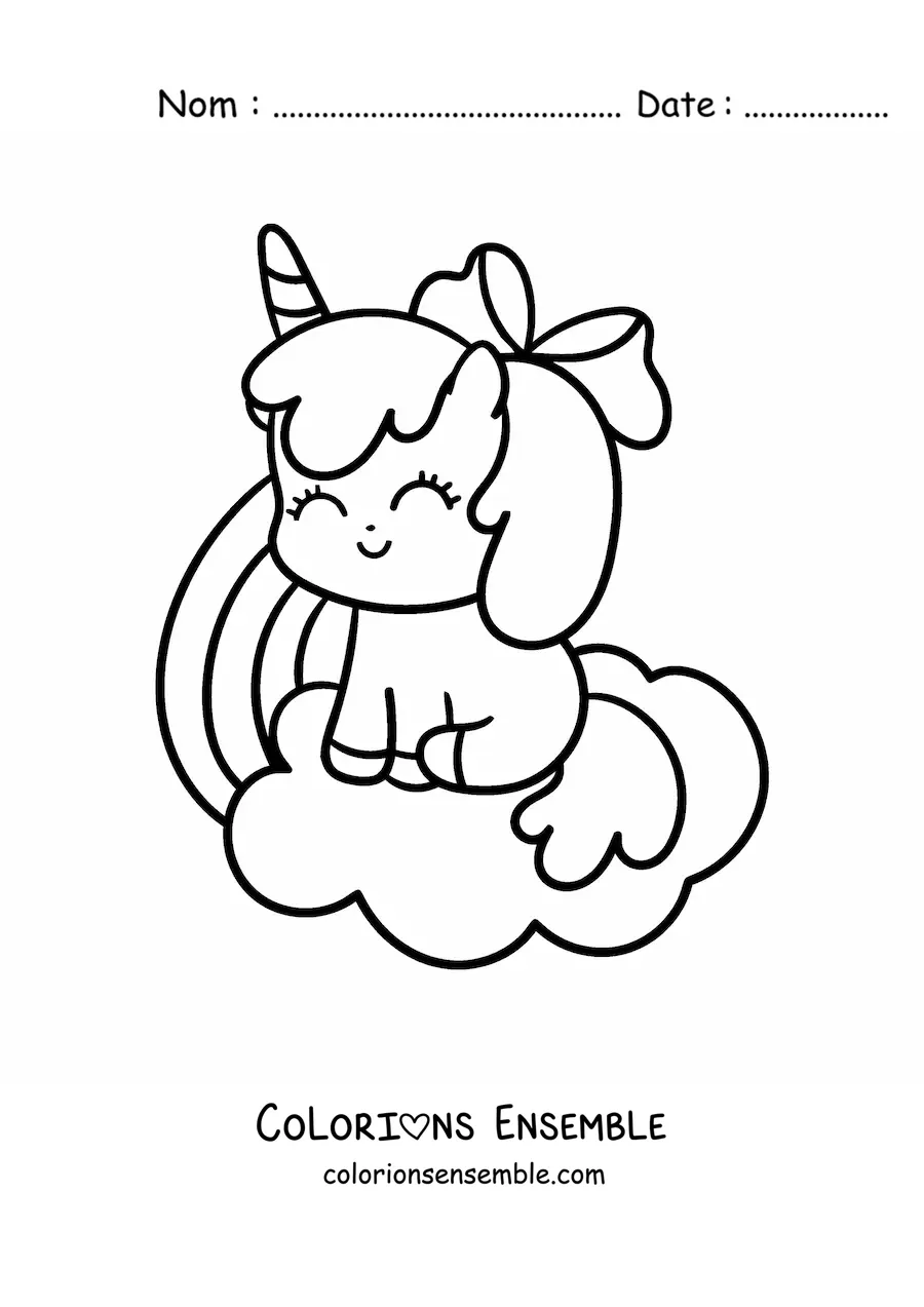 Coloriage d'une licorne kawaii assise sur un nuage avec un arc-en-ciel