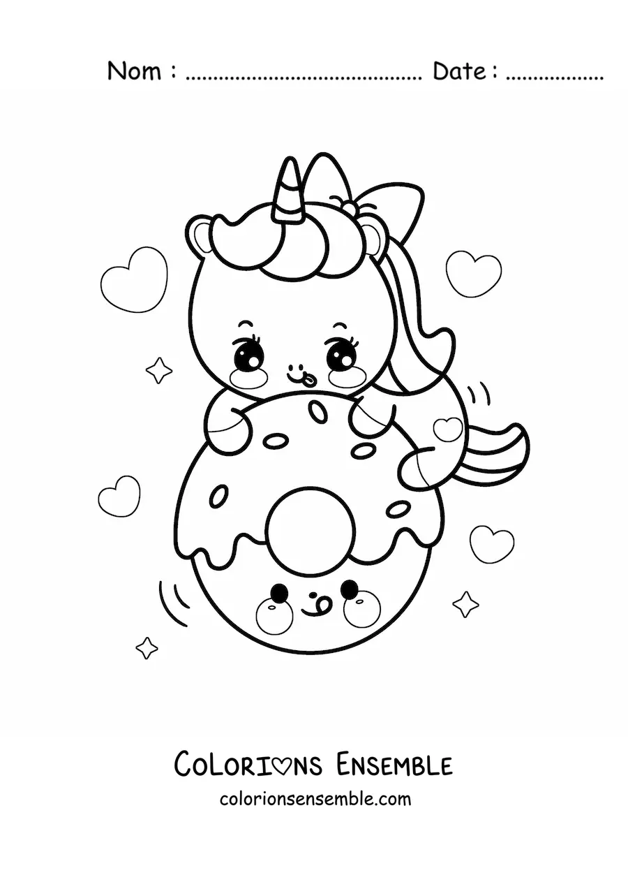 Coloriage d'une licorne kawaii avec un donut