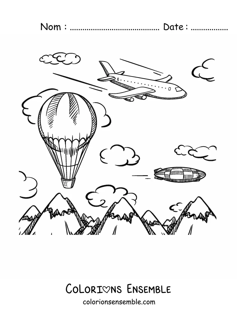 Image à colorier d'un avion qui vole avec une montgolfière et des montagnes au fond