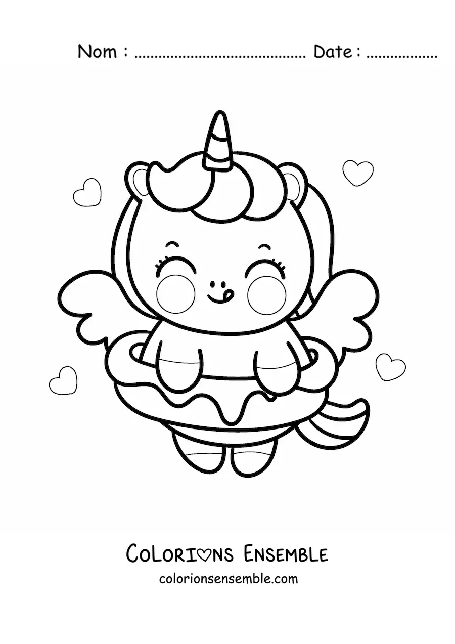 Coloriage d'une licorne kawaii avec un donut