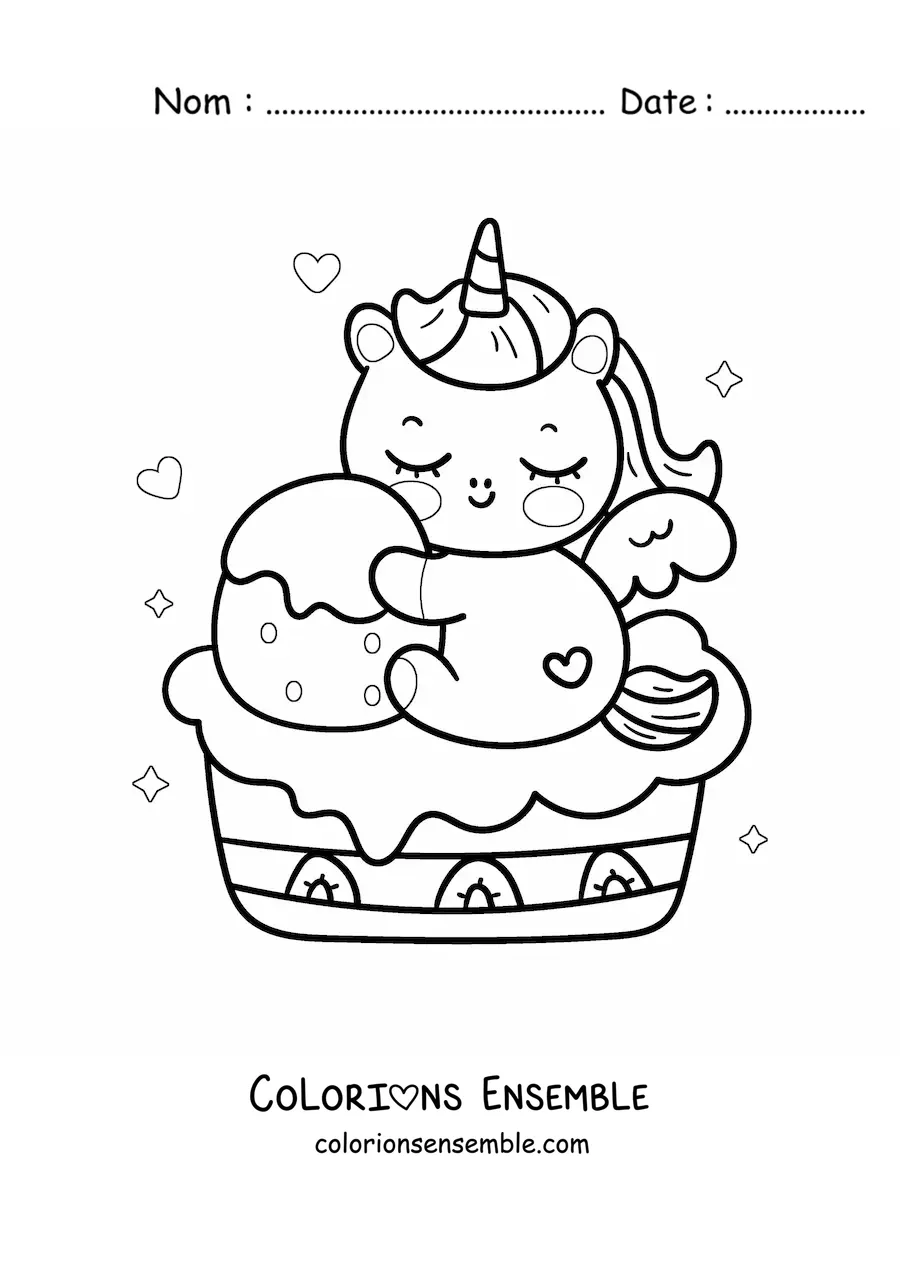 Coloriage d'une licorne kawaii assise sur un gâteau à la fraise
