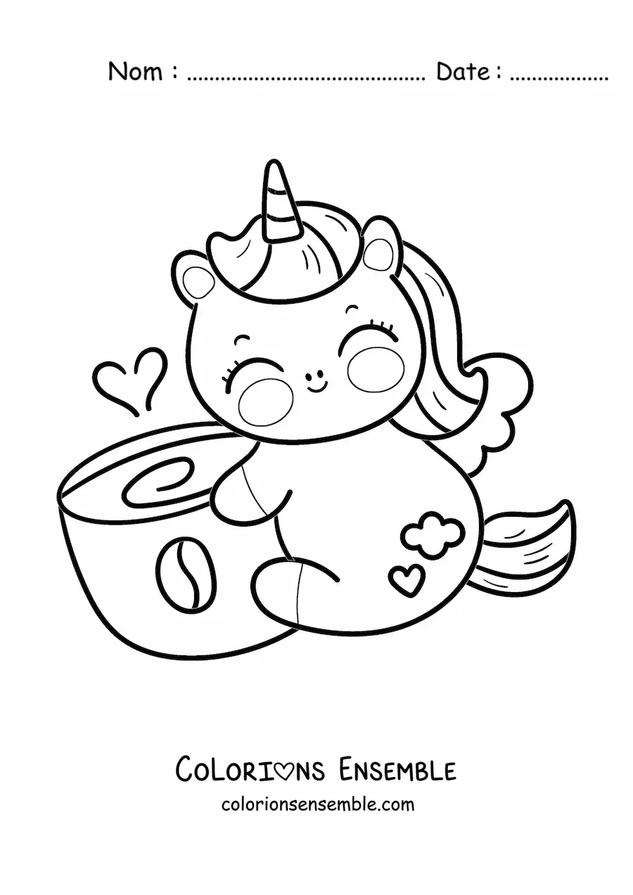 Coloriage d'une licorne kawaii avec une tasse de café