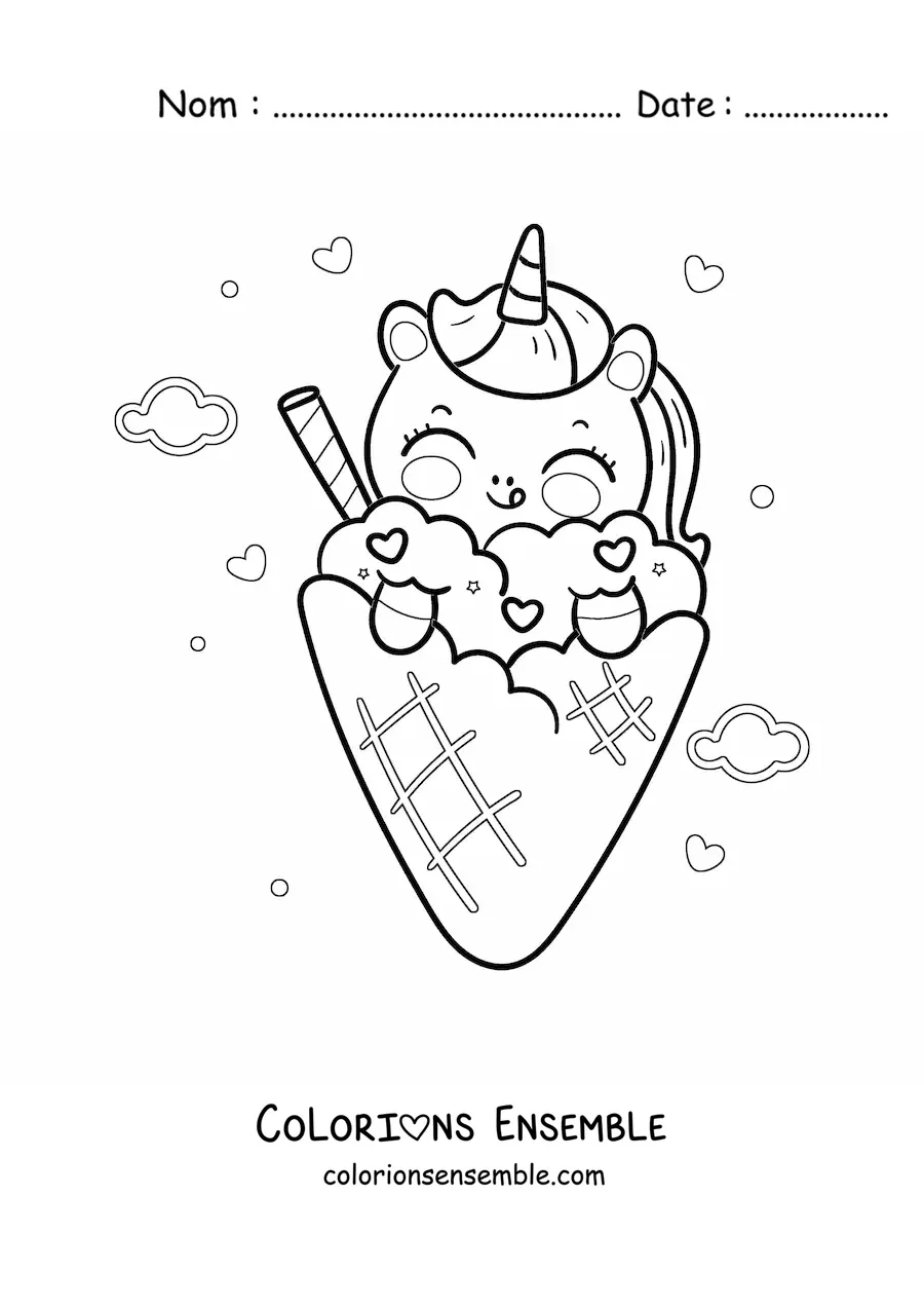 Coloriage d'une licorne kawaii avec un cornet de glace