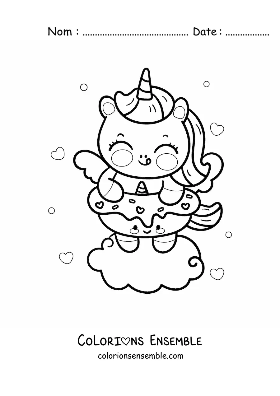 Coloriage d'une licorne kawaii avec un donut licorne