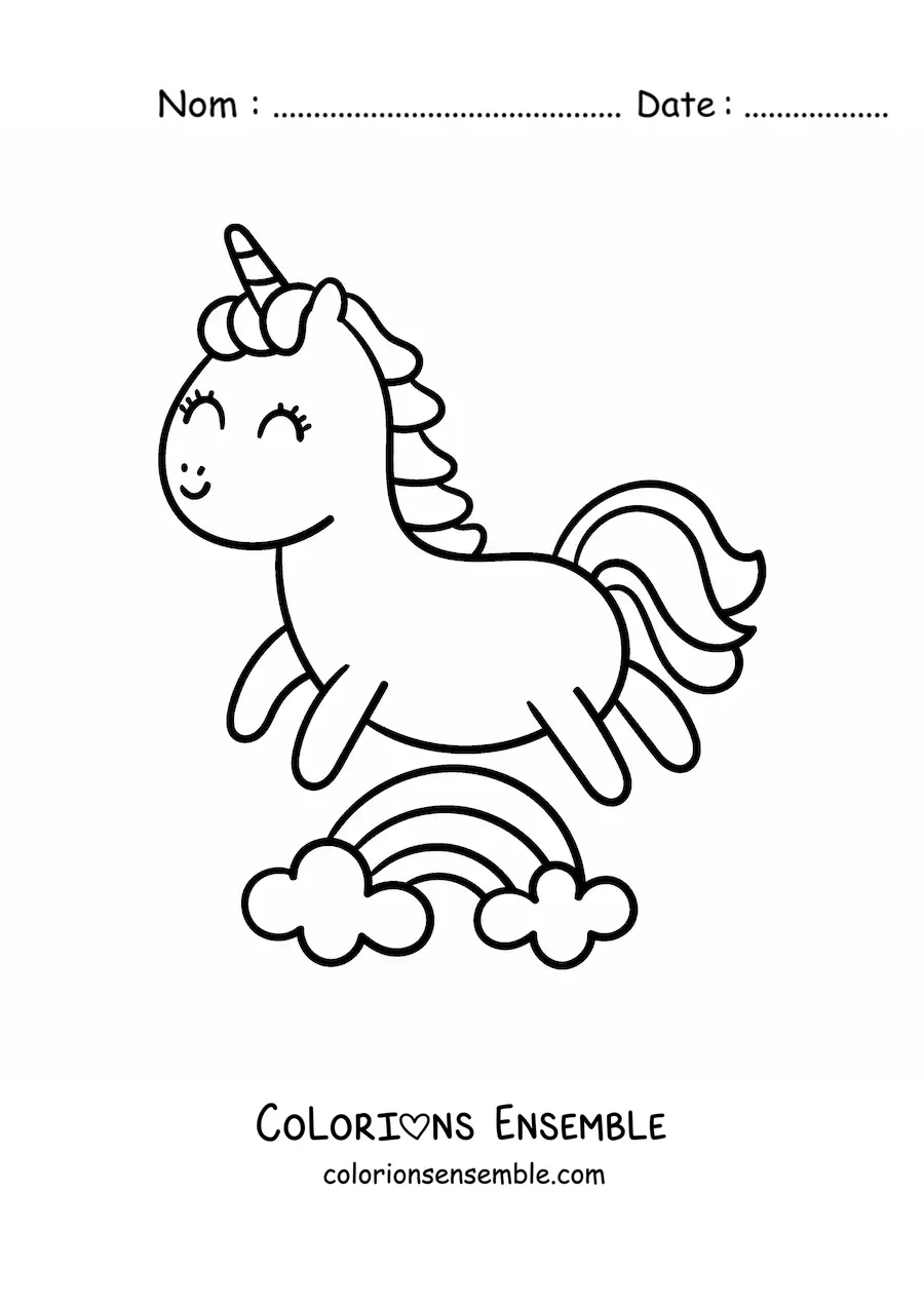 Coloriage d'une licorne kawaii sautant par-dessus un arc-en-ciel