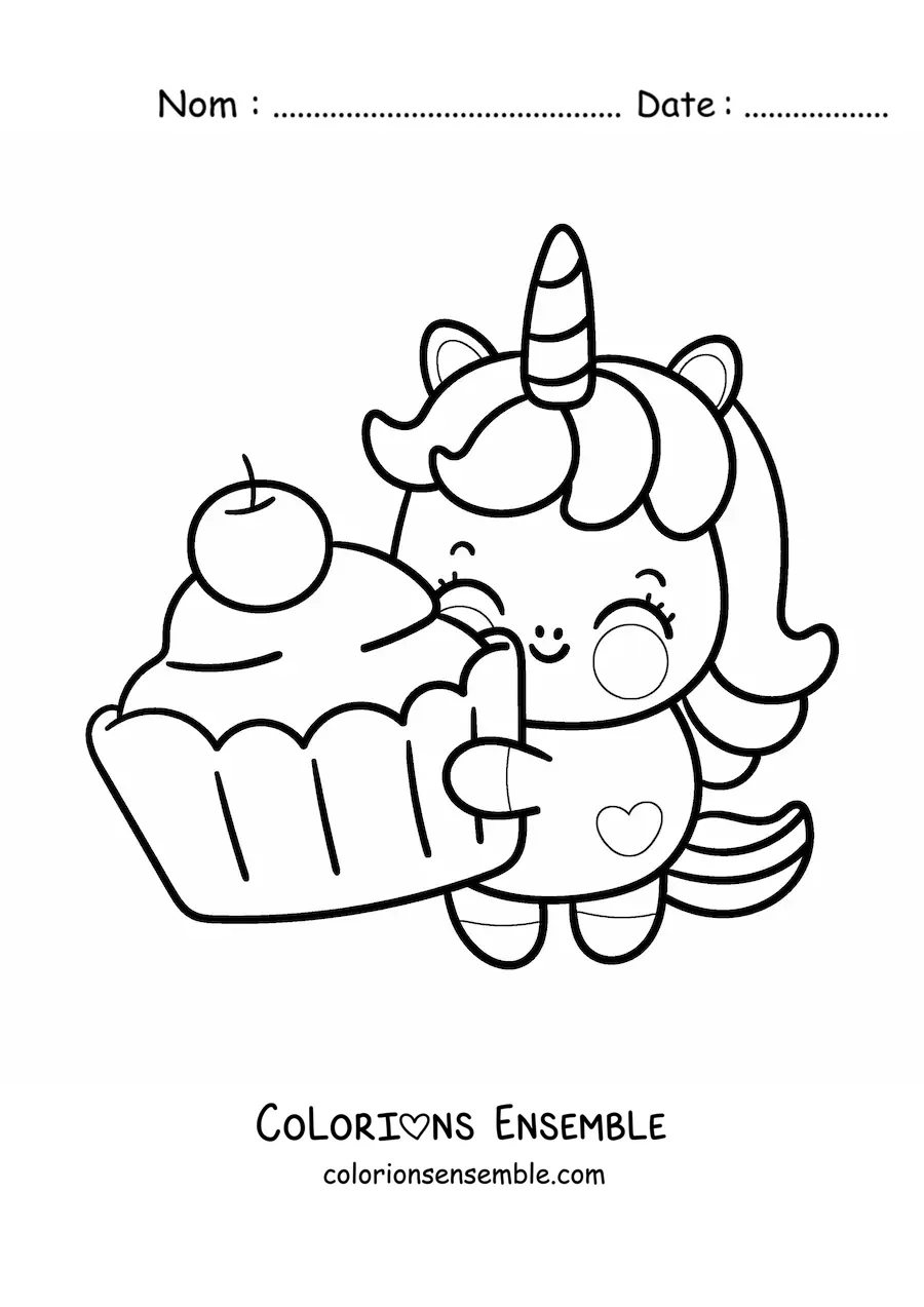 Coloriage d'une licorne kawaii avec un cupcake géant