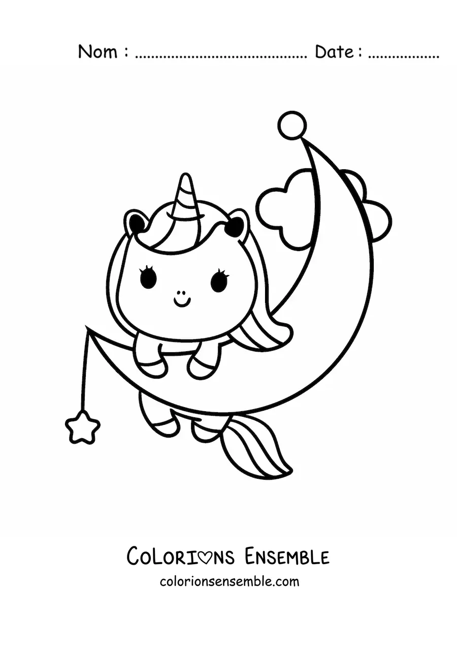 Coloriage d'une licorne kawaii sur la lune