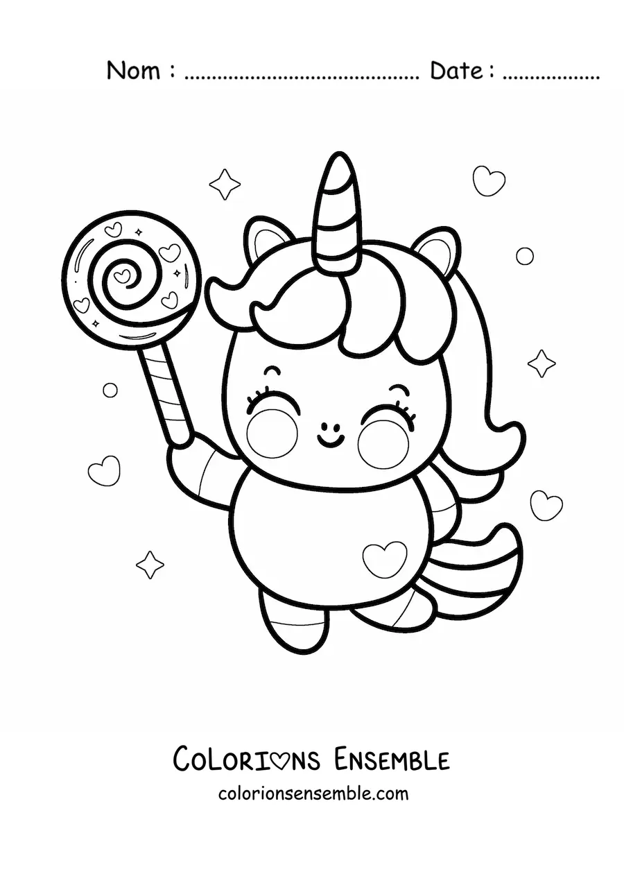 Coloriage d'une licorne kawaii avec une sucette