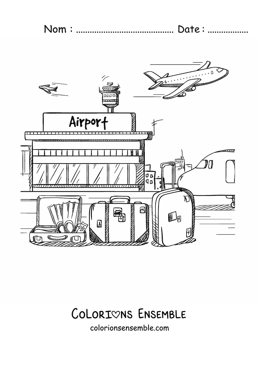 Image à colorier d'un aéroport avec des valises et un avion qui vole