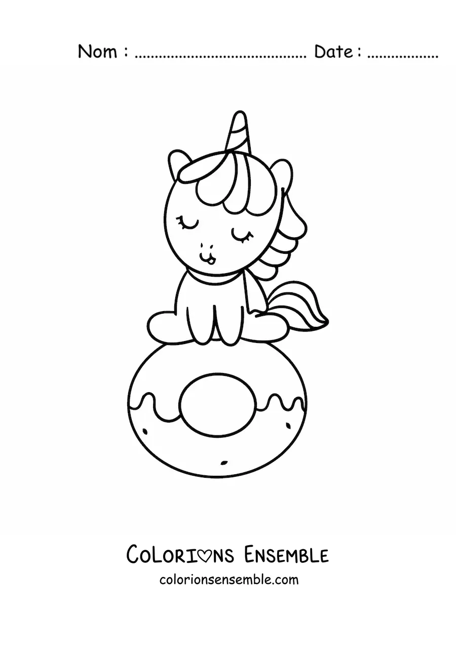 Coloriage d'une licorne kawaii assise sur un donut