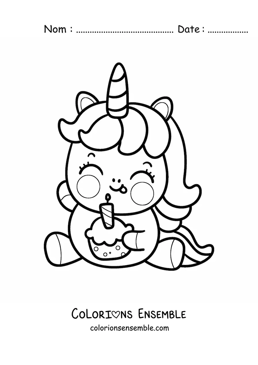 Coloriage d'une licorne mignonne avec un cupcake d'anniversaire