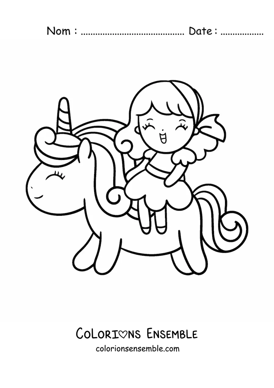 Coloriage d'une fille kawaii à dos d'une licorne mignonne