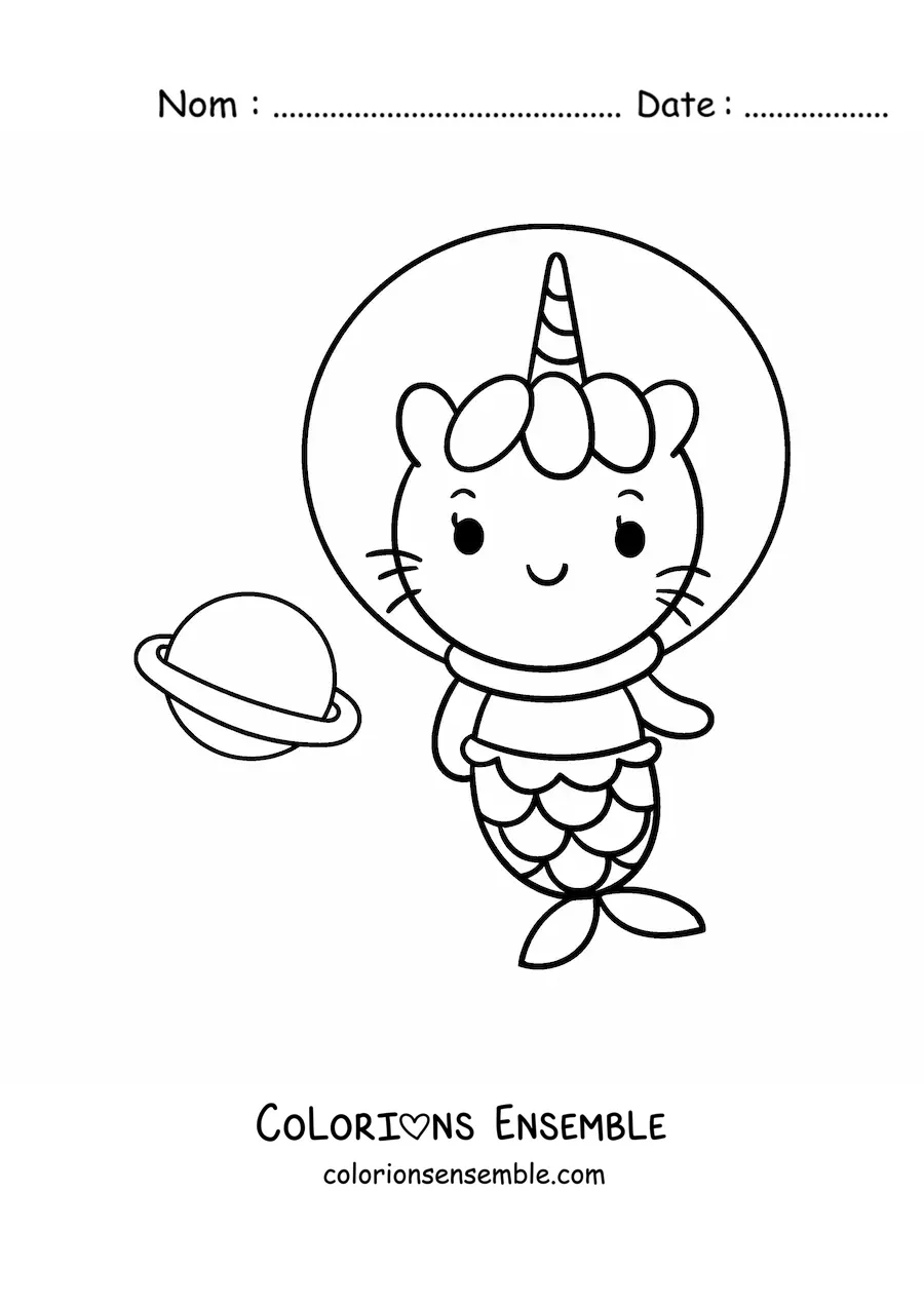 Coloriage d'un chatlicorne sirène astronaute