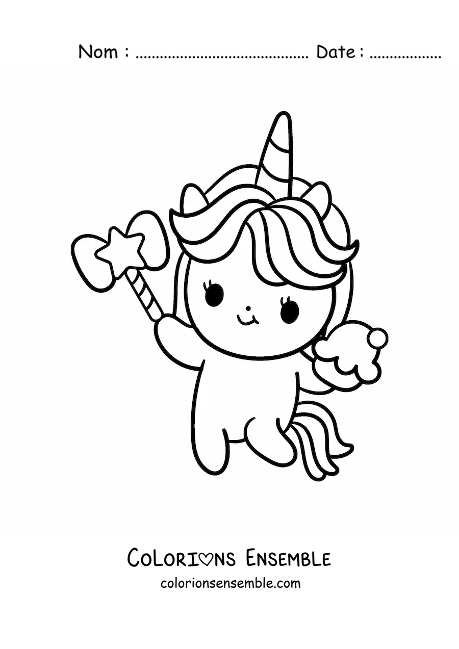 Coloriage d'une licorne mignonne avec un cupcake et une baguette magique
