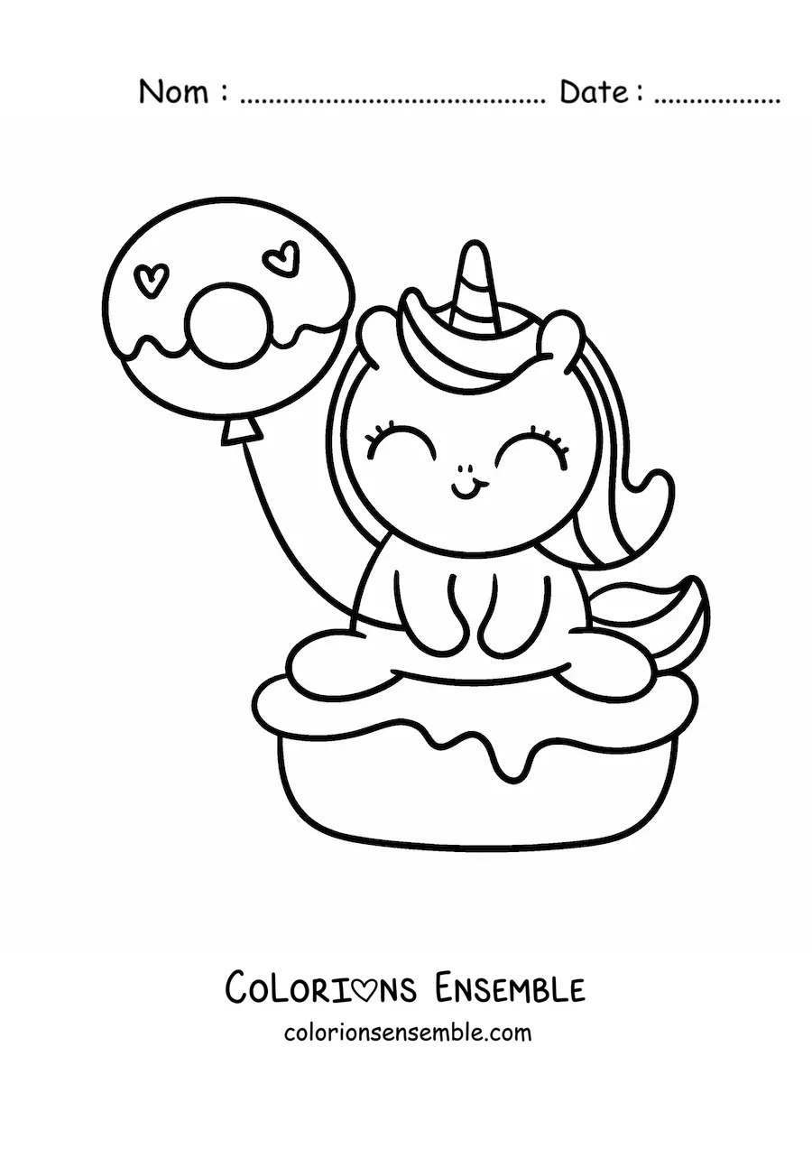 Coloriage d'une licorne mignonne sur un gâteau avec un ballon en forme de donut