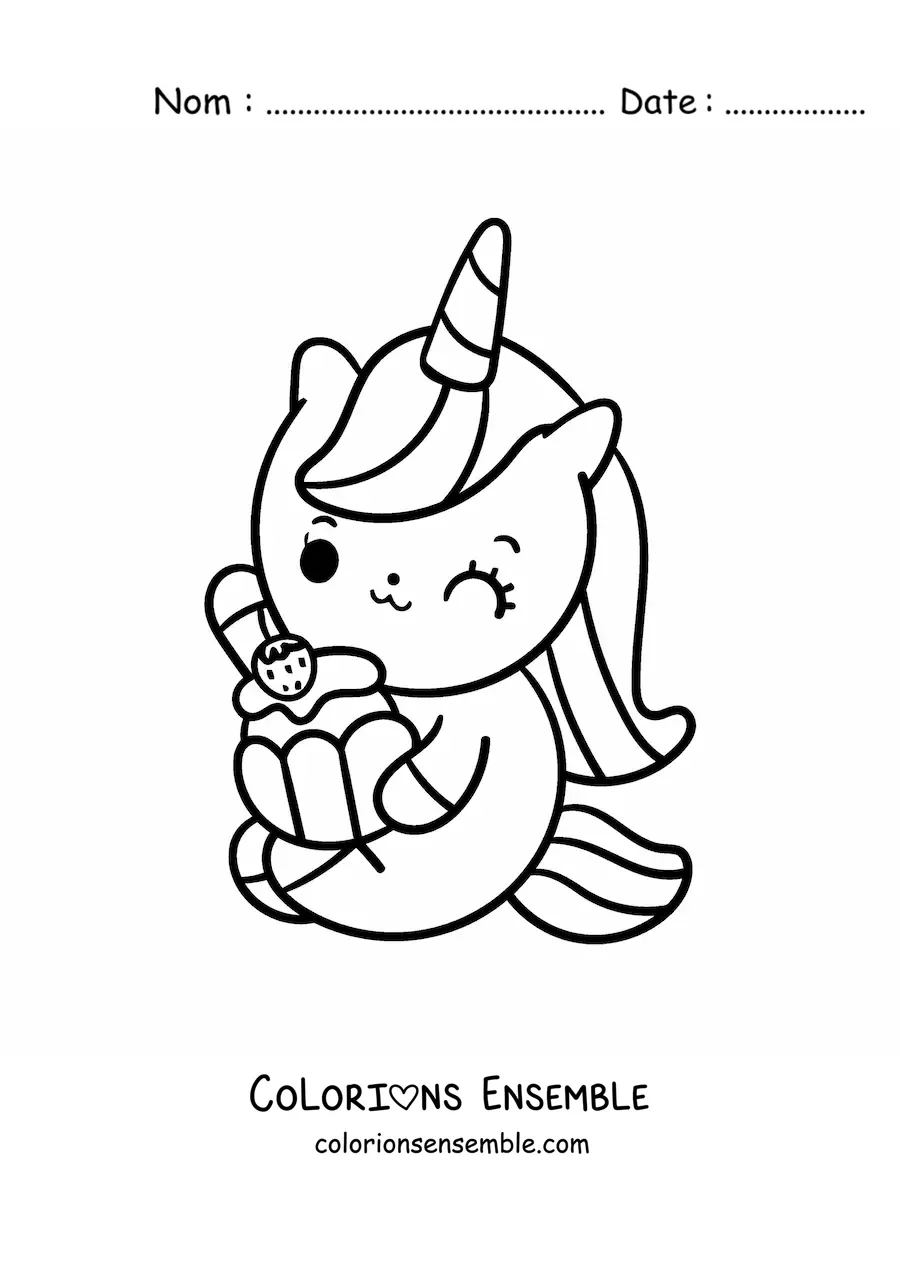 Coloriage d'une licorne mignonne assise en train de manger un cupcake