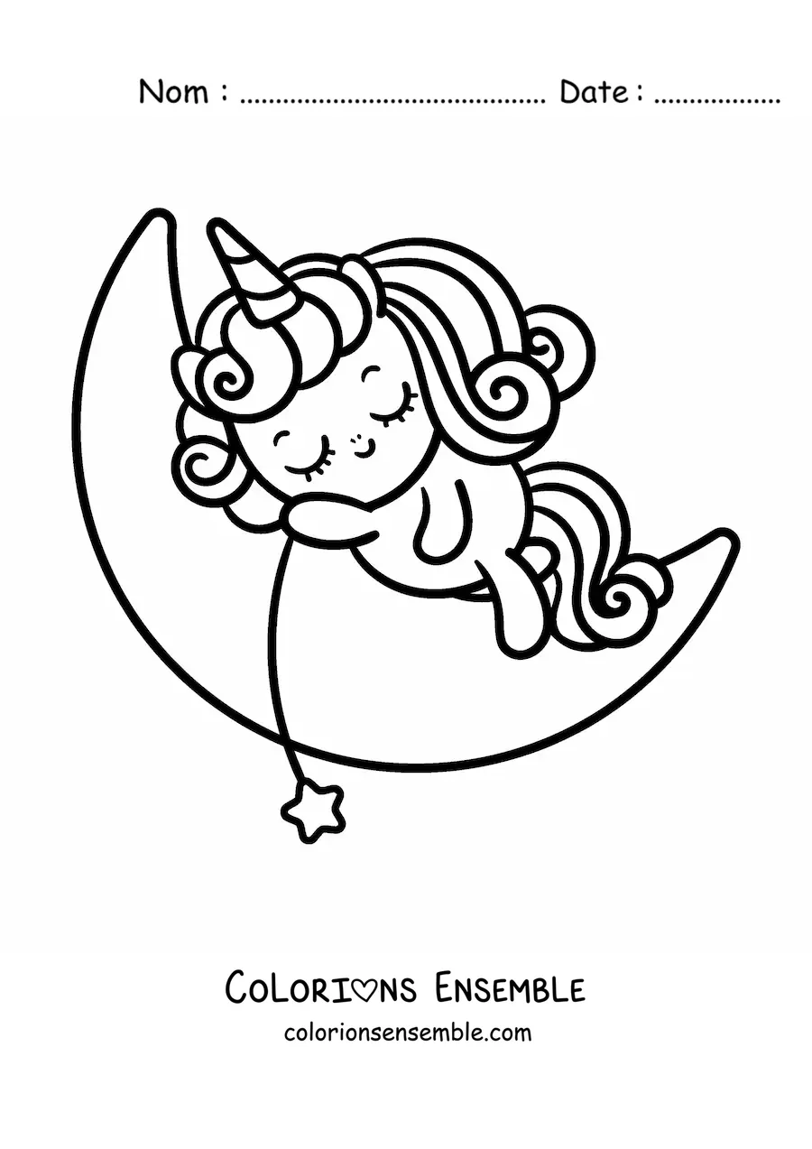 Coloriage d'une licorne mignonne qui dort sur la lune